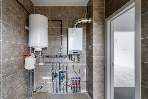 A water heater system installed inside a home.